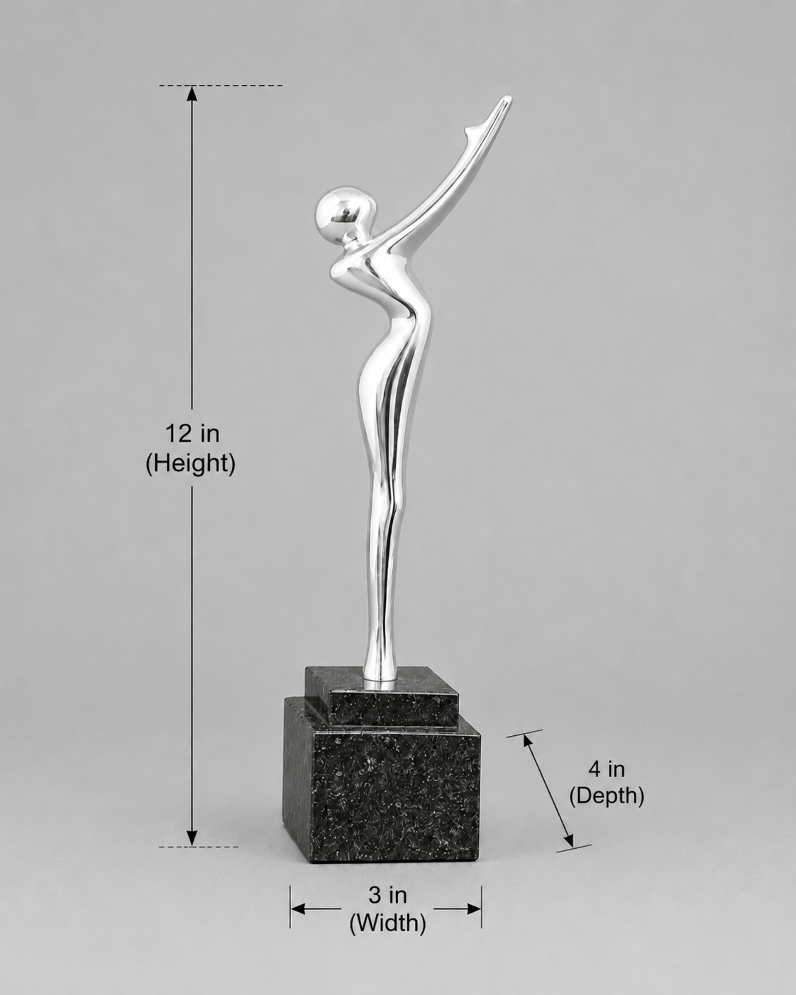 Silver abstract reaching figure on a black base with dimensions showing 12-inch height, 3-inch width, and 4-inch depth.