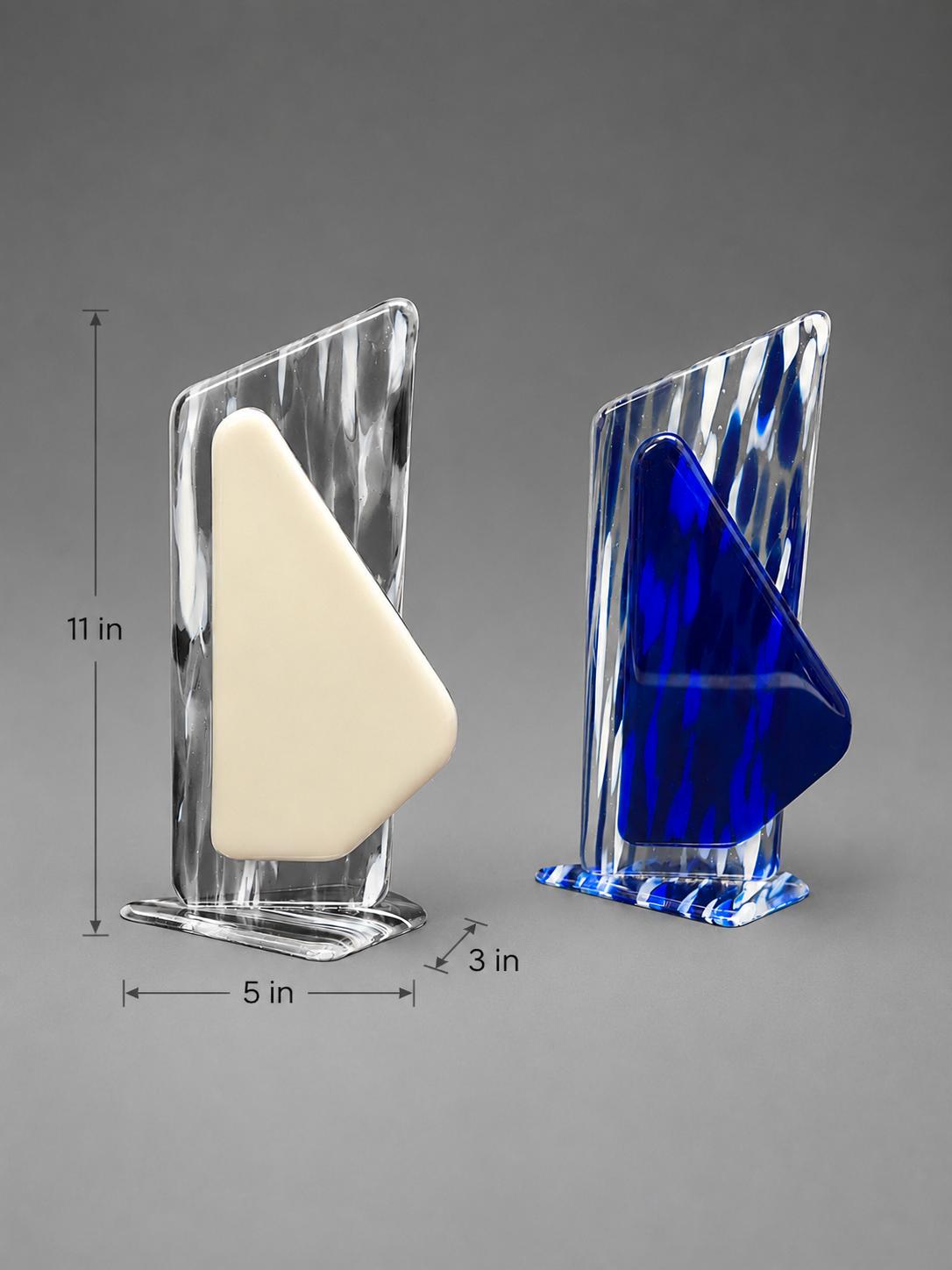 Ivory and Sapphire Glacier Fusion Standing Plaque with dimensions added. 3 inches width. 5 inches length. 11 inches height