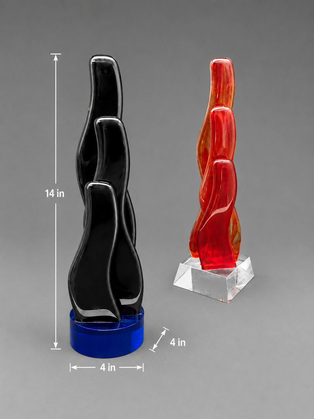 Fusion Glare Award Collection with dimensions added. 4 inches width. 4 inches length. 14 inches height