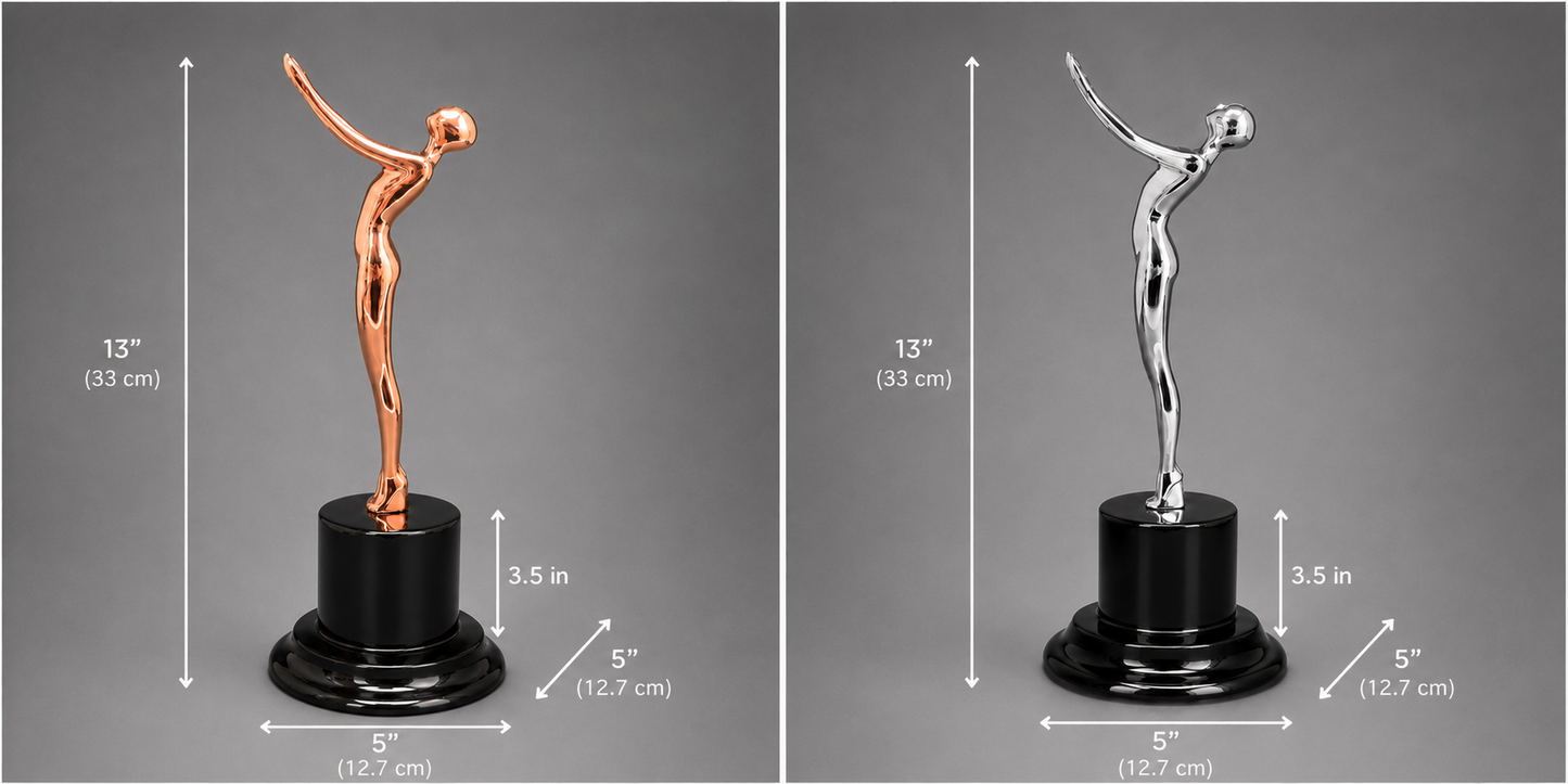 bronze and silver Victory Motion Trophy with labeled dimensions measuring 13 inches tall and 5 x 5 inch base footprint.