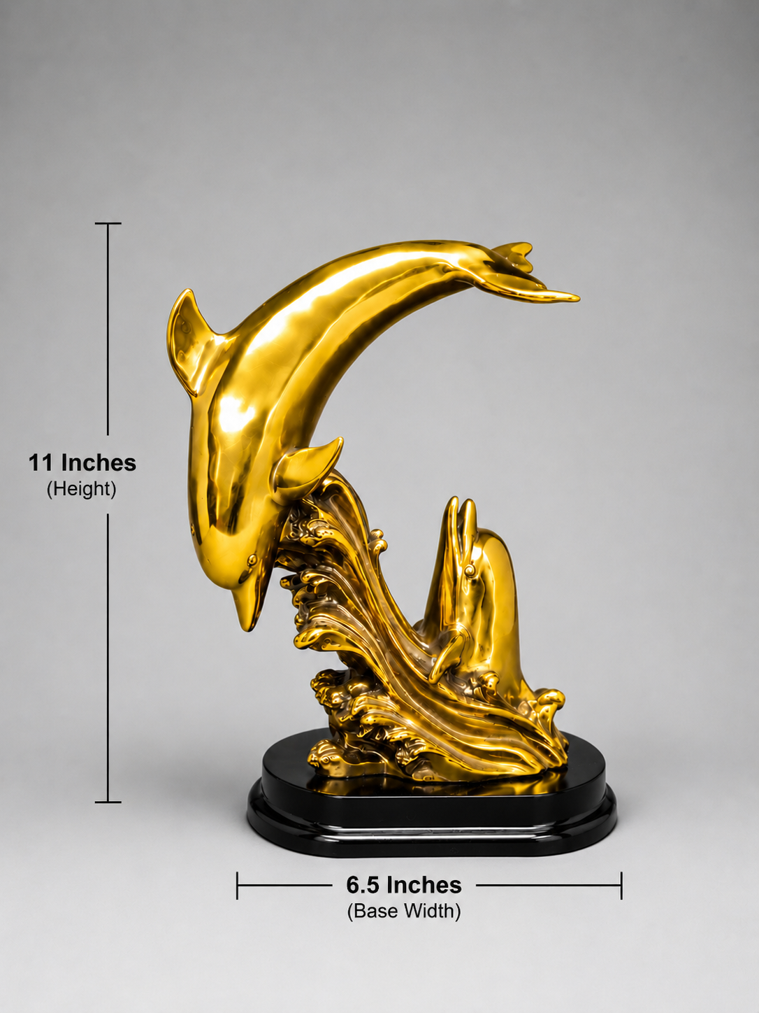 Golden Dolphin award with dimensions. 11 inches height. 6.5 inches base wdith.