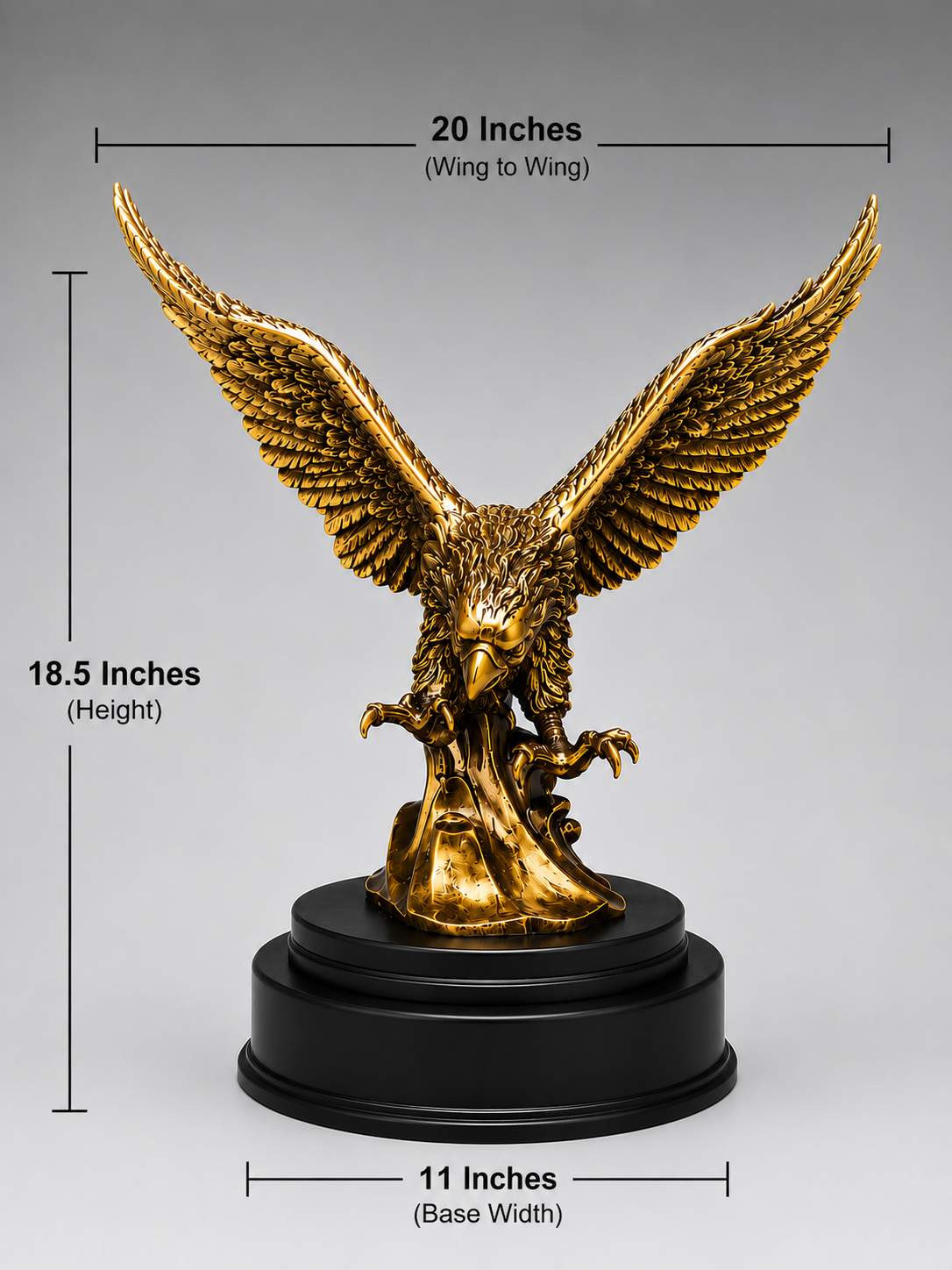 Bronze eagle statue with dimensions on a gray background. 11 inches base width. 18.8 Inches height. 20 Inches wing to wing