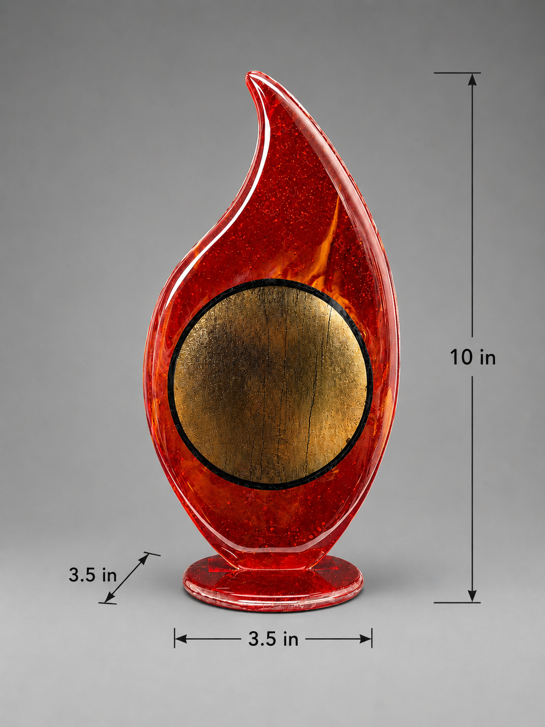 Red and gold plaque item with measurements on a gray background. 3.5 by 3.5 inches base and 10 inches height