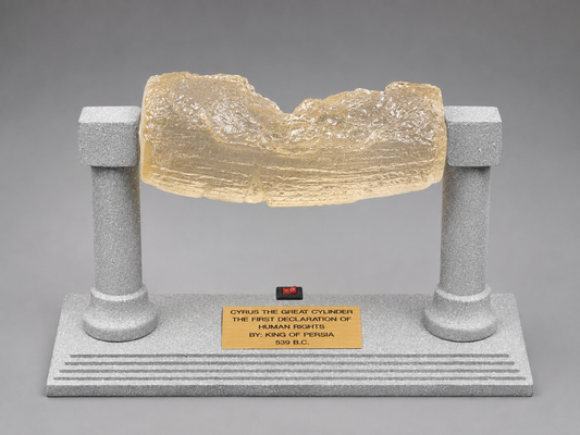 Front view of illuminated Cyrus Cylinder replica on a silver display stand with engraved gold plaque.