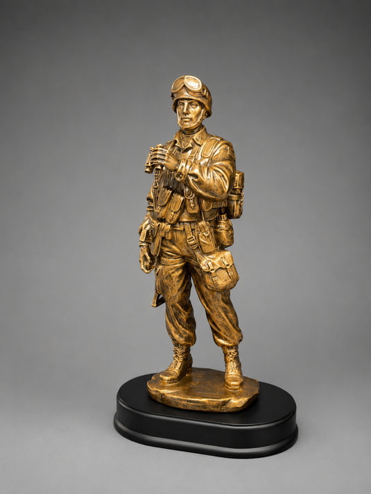 Front three-quarter view of a bronze military soldier statue on a black oval base against a neutral gray background.