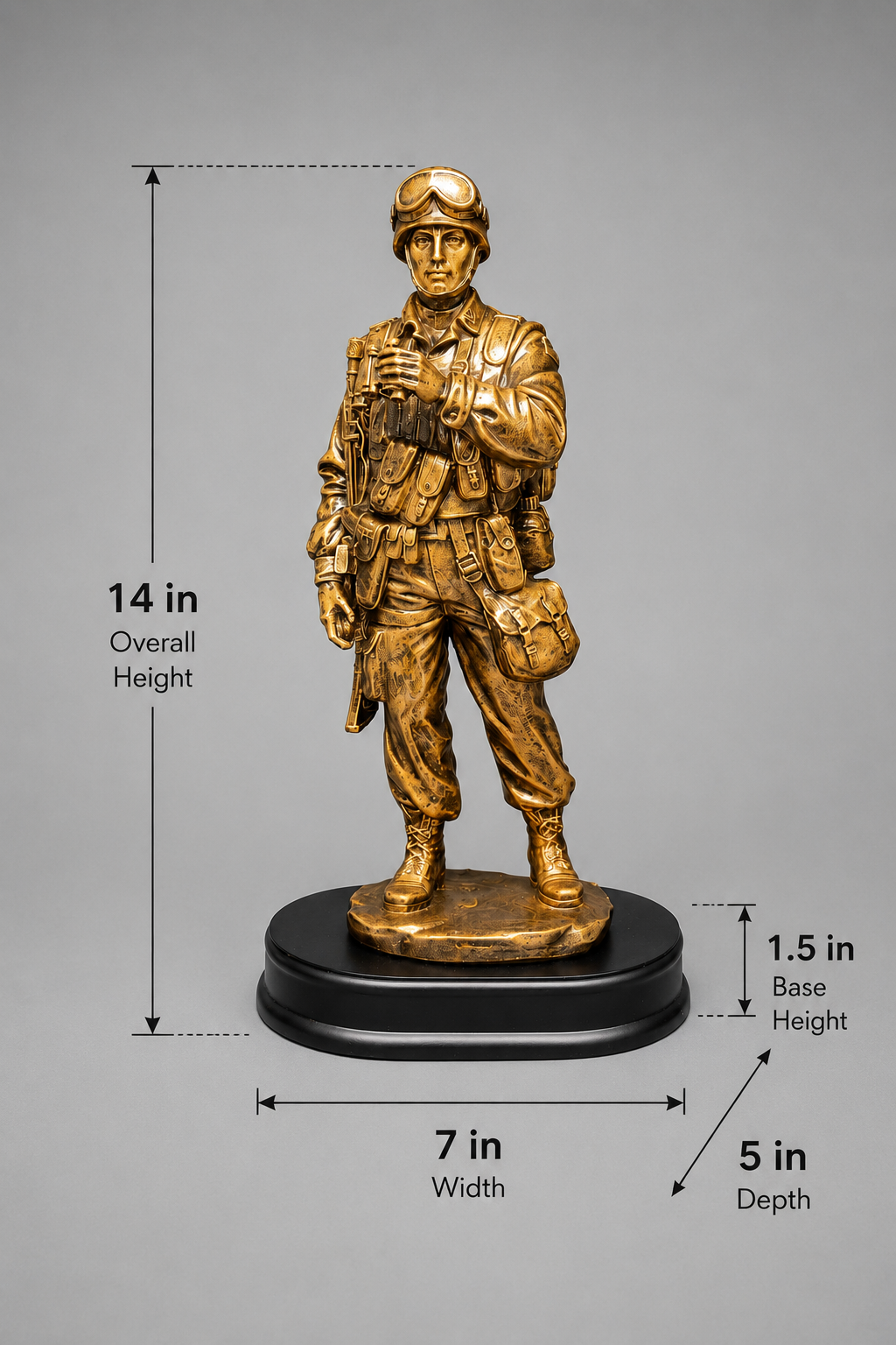 Bronze military soldier statue dimensions: 14-inch height, 7-inch width, 5-inch depth, and 1.5-inch base height.
