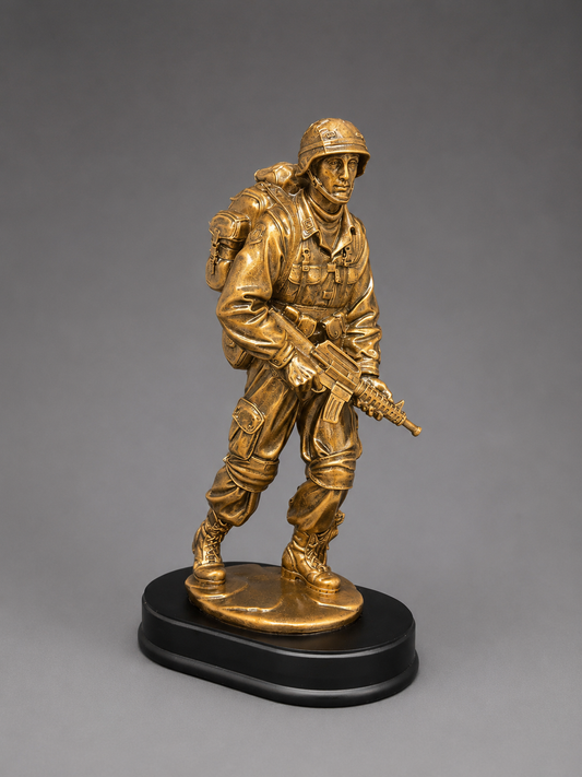 Front three-quarter view of a bronze-finish soldier figurine holding a rifle, displayed on a black oval base against a neutral gray background.