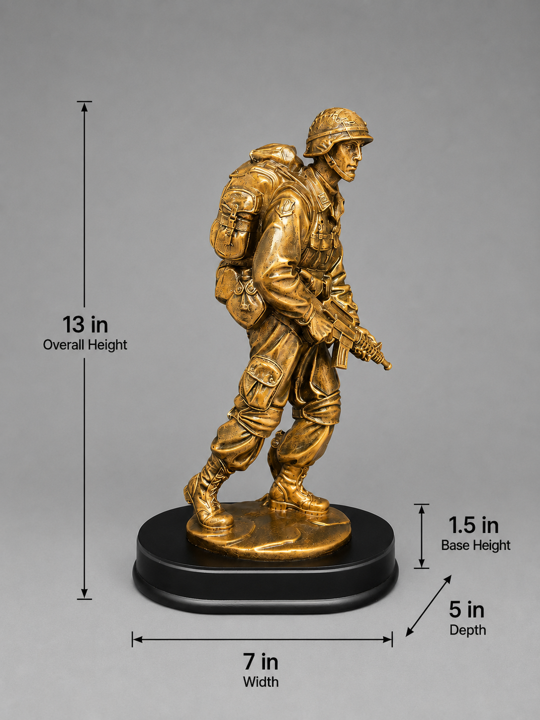 Dimension guide for the bronze-finish soldier figurine showing 13-inch overall height, 7-inch width, 5-inch depth, and 1.5-inch base height.