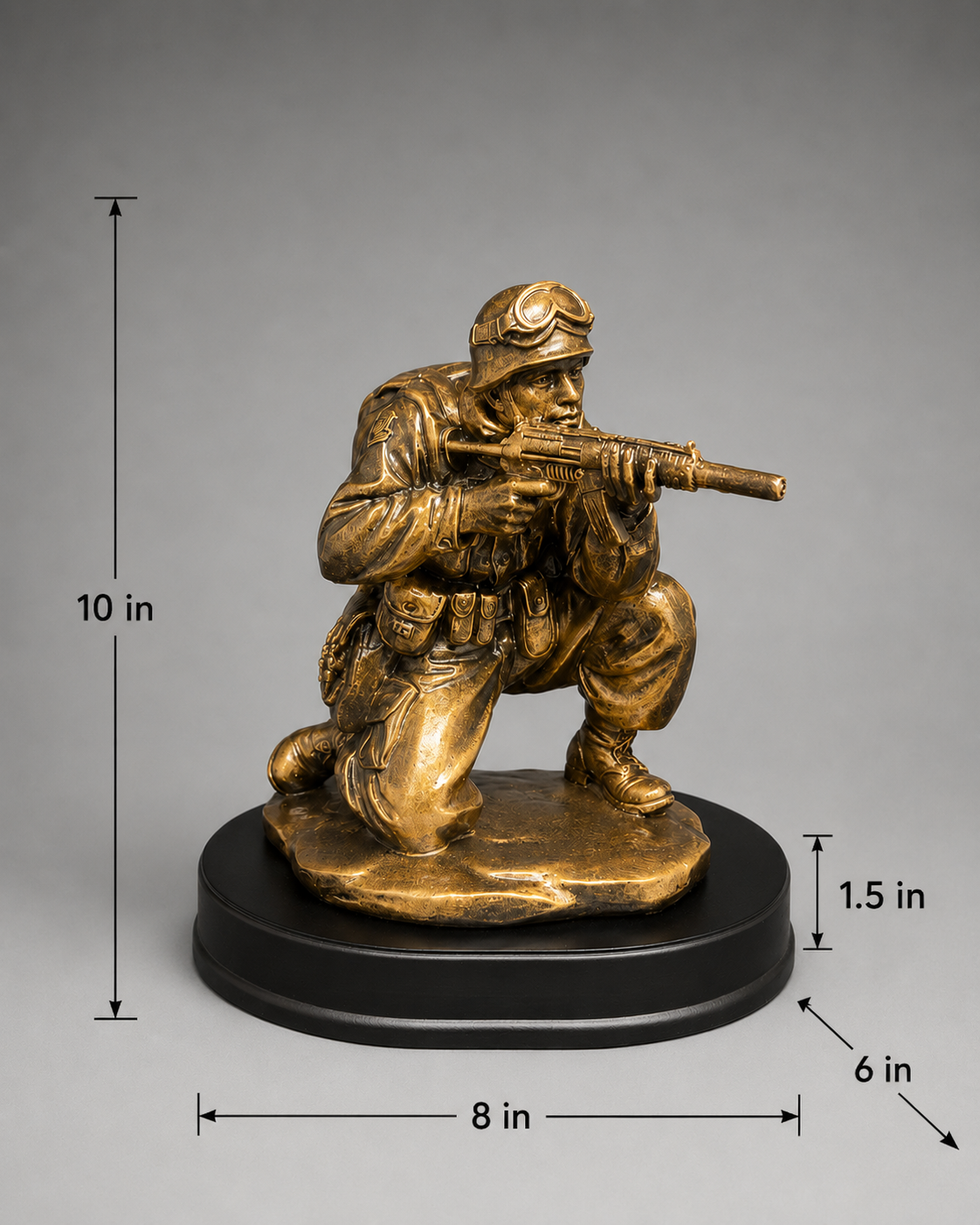 Bronze-finish kneeling soldier figurine with dimensions: 10 inches tall, 8 inches wide, 6 inches deep, and a 1.5-inch-high black base.
