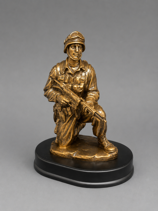 Antique bronze kneeling soldier figurine holding a rifle, displayed on a black oval base against a neutral gray studio background.