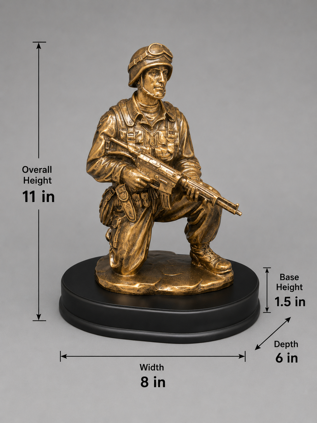 Antique gold kneeling soldier figurine measuring 11 inches tall, 8 inches wide, and 6 inches deep, with a 1.5-inch-high black base.