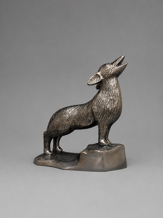 Metallic howling coyote sculpture shown in side profile on a textured rock-style base against a neutral gray background.