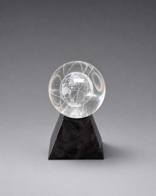 Crystal globe with orbital design mounted on a polished black pedestal base.