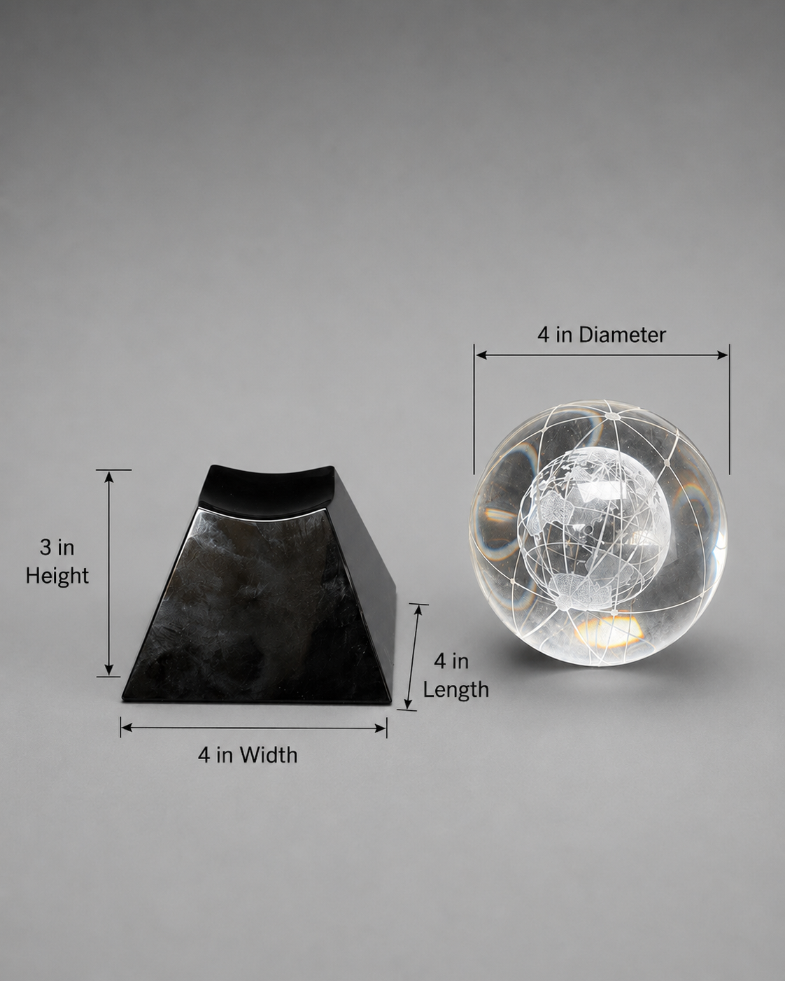 Crystal globe display dimensions showing a 4-inch globe diameter and a 4 × 4 × 3-inch black base.