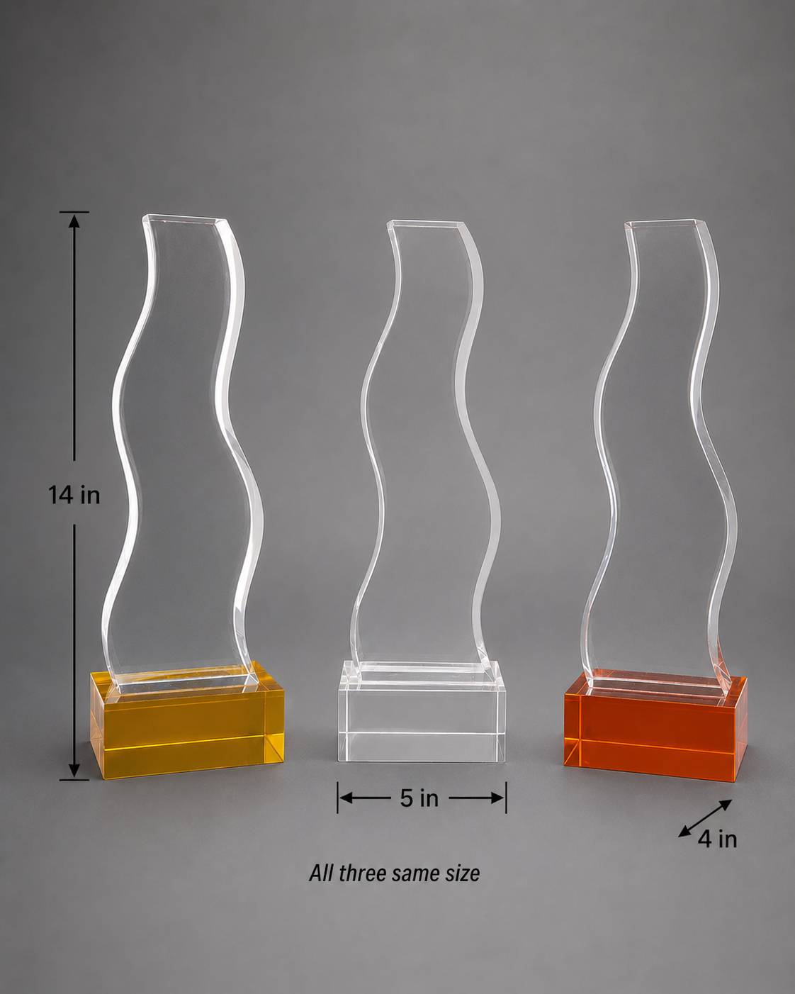 Dimension guide showing three wave-shaped crystal pieces, each measuring 14 inches high, 5 inches wide, and 4 inches deep.