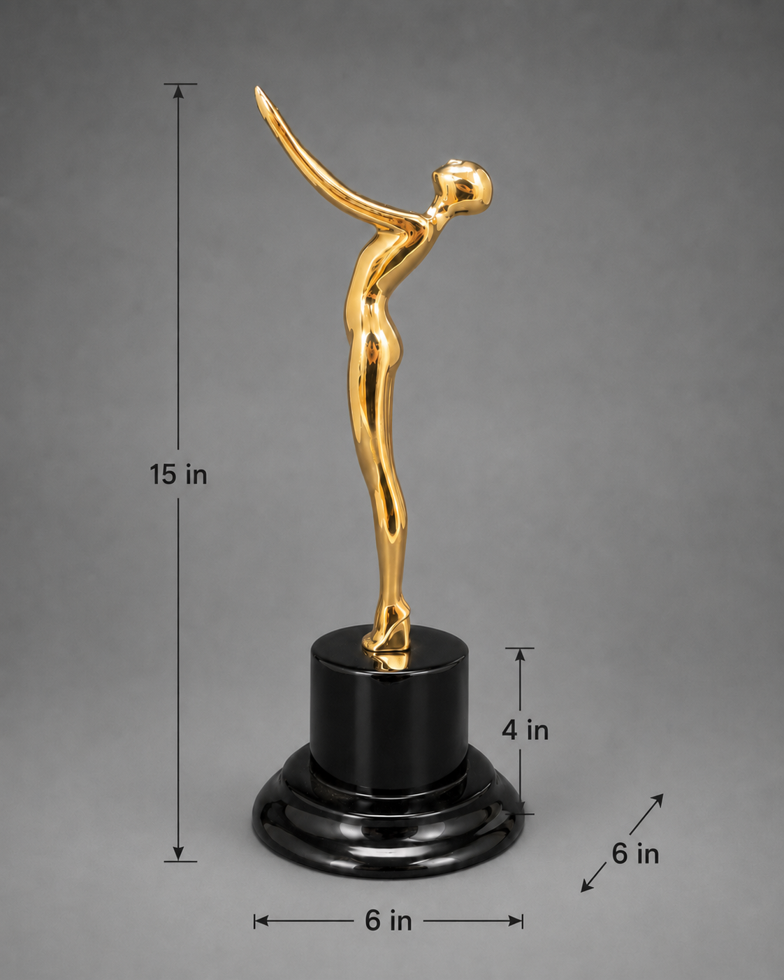 Gold Victory Motion Trophy with labeled dimensions measuring 15 inches tall and 6 x 6 inch base footprint.