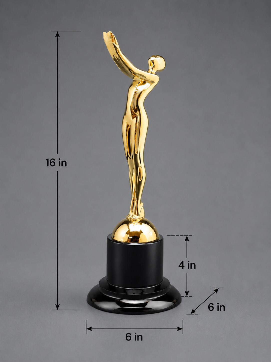 Victory Motion Gold Trophy dimensions showing 16-inch overall height, 6-inch width and depth, and 4-inch black pedestal base height.