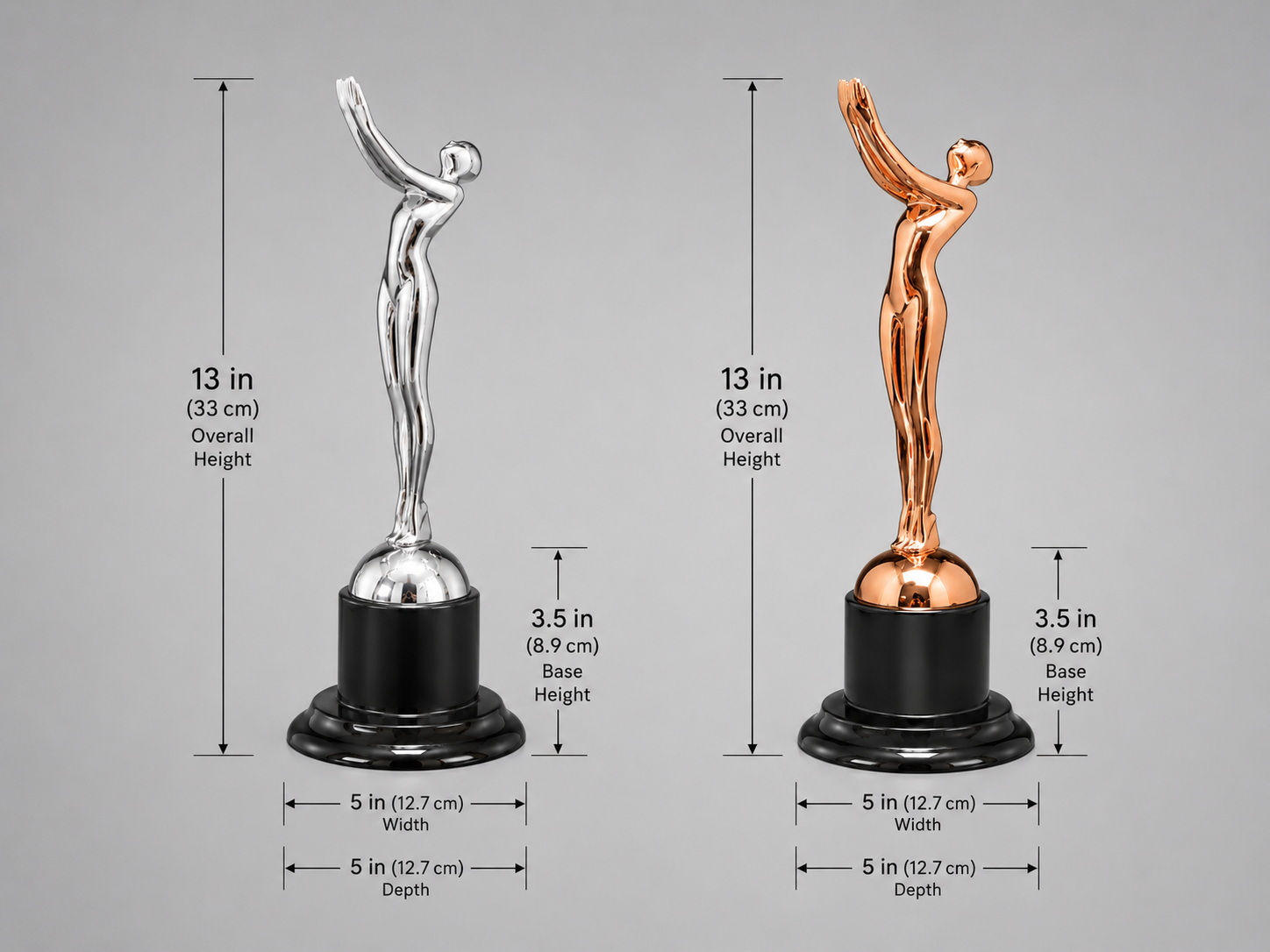 Victory Motion Silver and Bronze Trophy dimensions showing 13-inch overall height, 5-inch width and depth, and 3.5-inch black pedestal base height for each trophy.