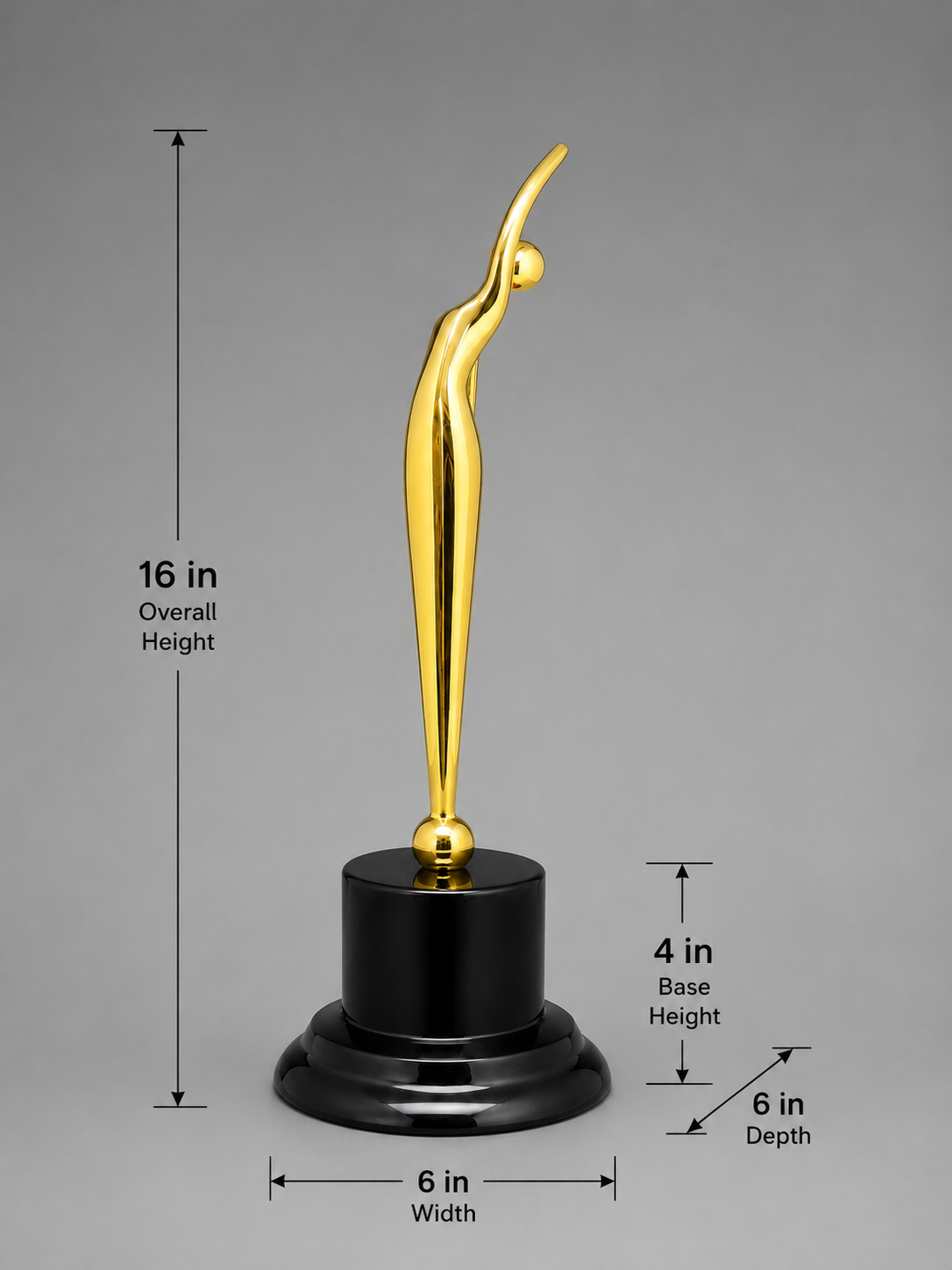 Gold abstract achievement award with dimensions shown, measuring 16 x 6 x 6 inches with a 4-inch black pedestal base, displayed on a gray background.