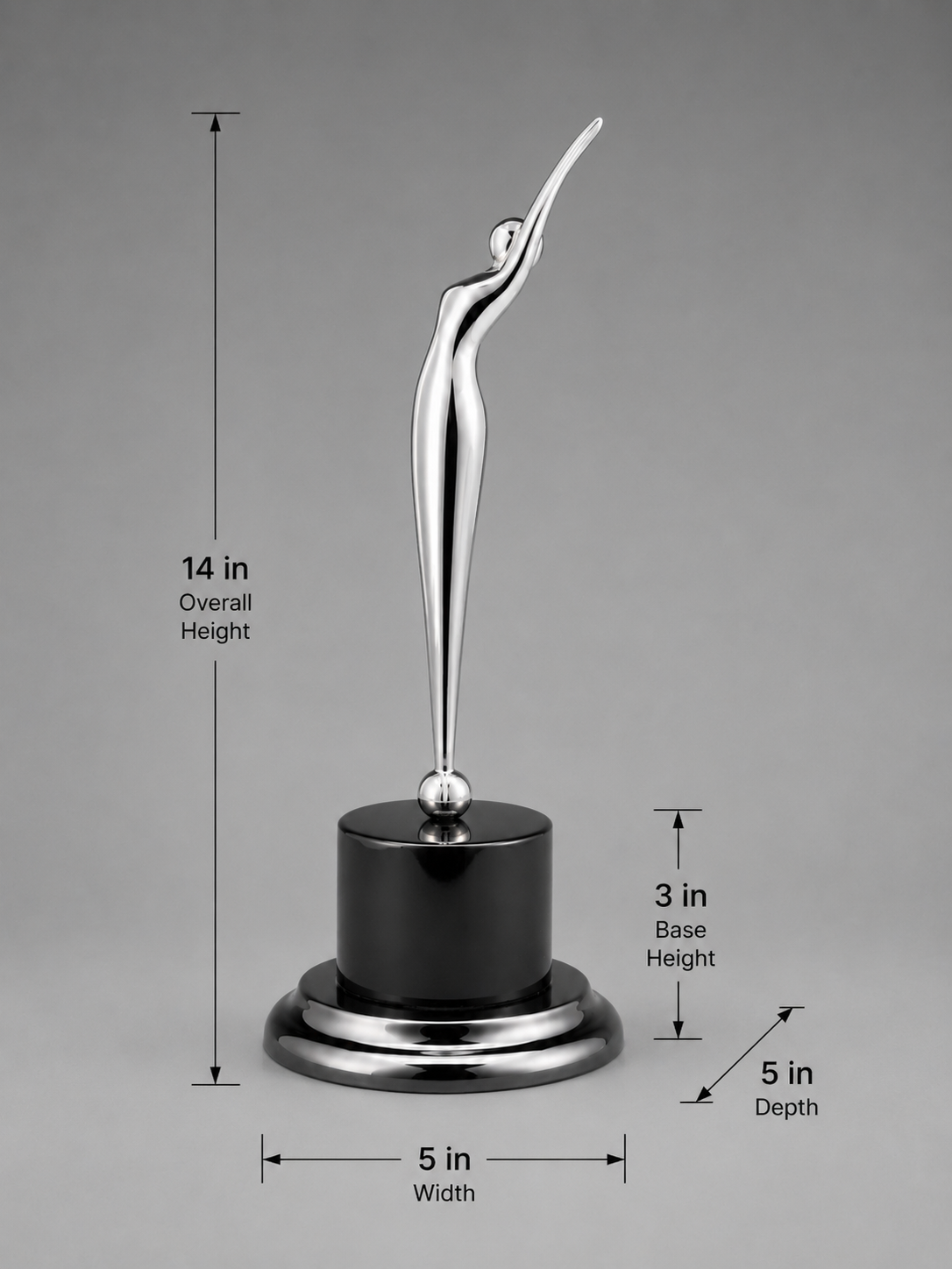 Silver abstract achievement award with dimensions shown, measuring 14 x 5 x 5 inches with a 3-inch black pedestal base, displayed on a gray background.