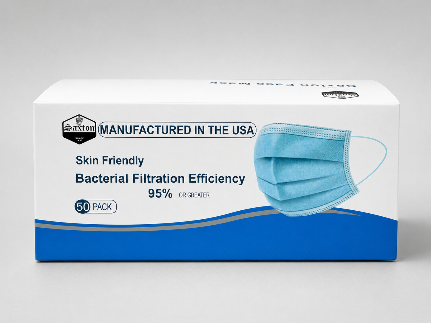 Front view of a white and blue Saxton Disposable Protective Face Mask box featuring a 50-pack count, "Manufactured in the USA" banner, and an illustration of a blue 3-layer disposable face mask.