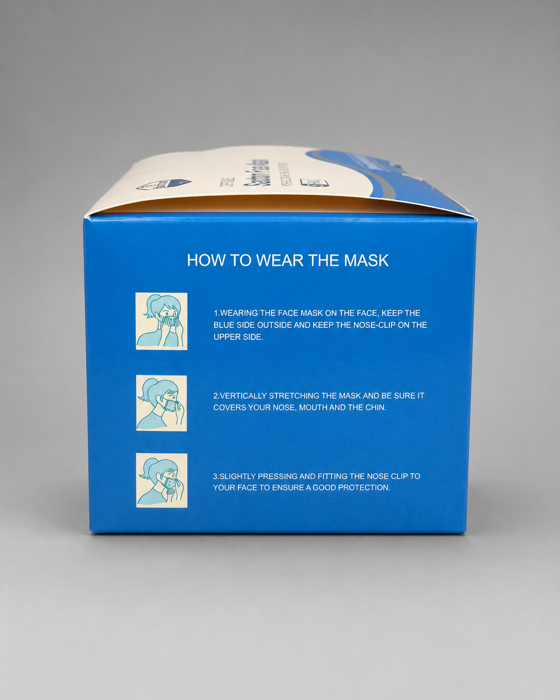 Side panel of the Saxton Face Mask box showing illustrated step-by-step instructions for properly wearing the disposable face mask, including positioning, fitting, and adjusting the nose clip.
