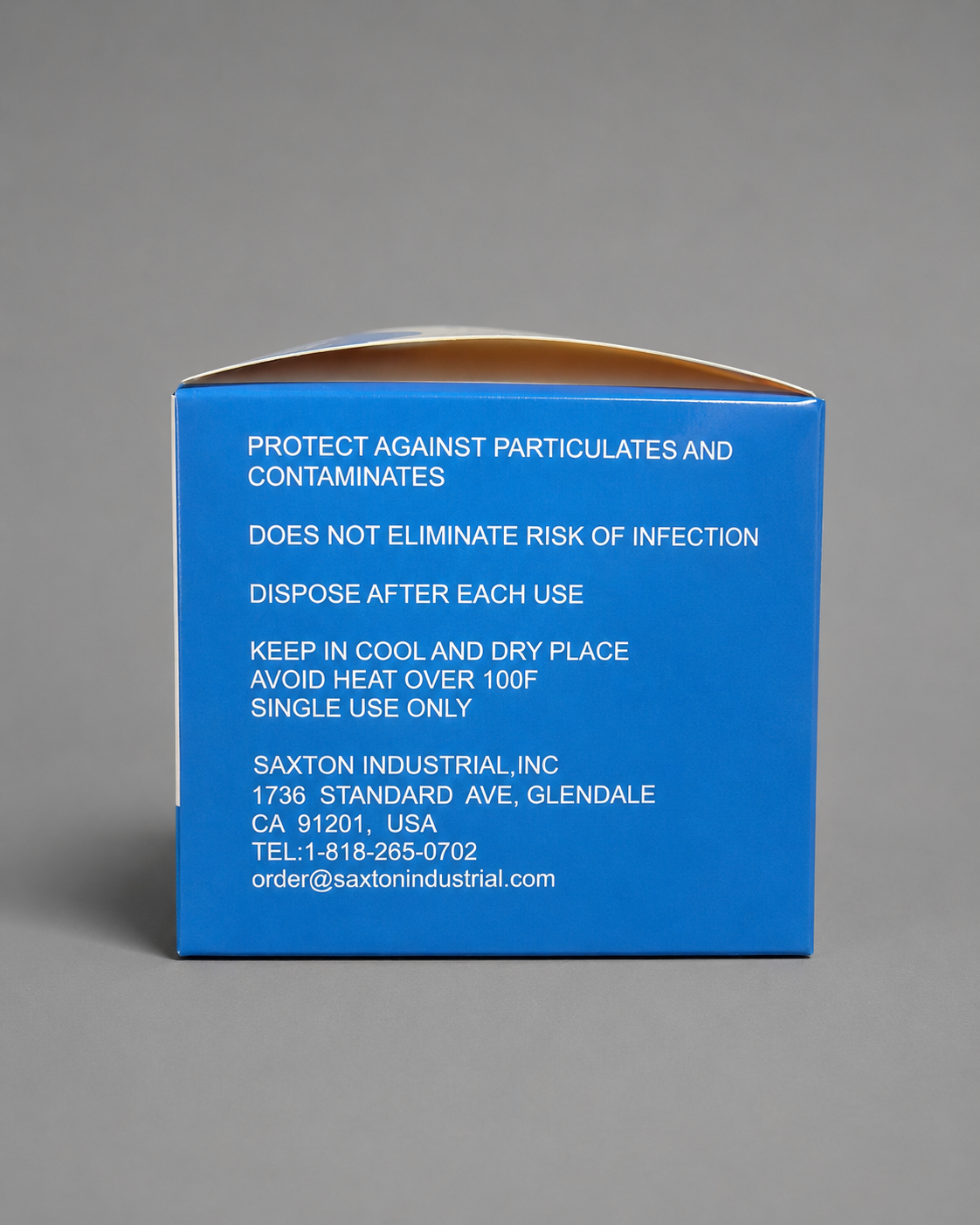 Back panel of the Saxton Face Mask box listing safety information, storage instructions, single-use guidance, manufacturer contact information, and disposal recommendations.