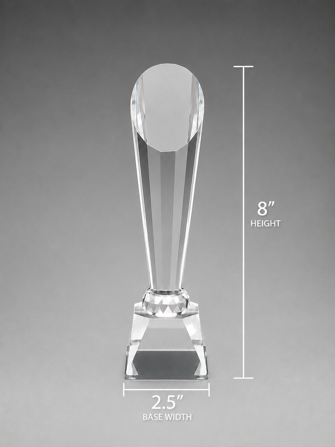 Crystal Pinnacle Excellence Award dimensions. Base width is 2.4\5 inches and the height is 8 inches