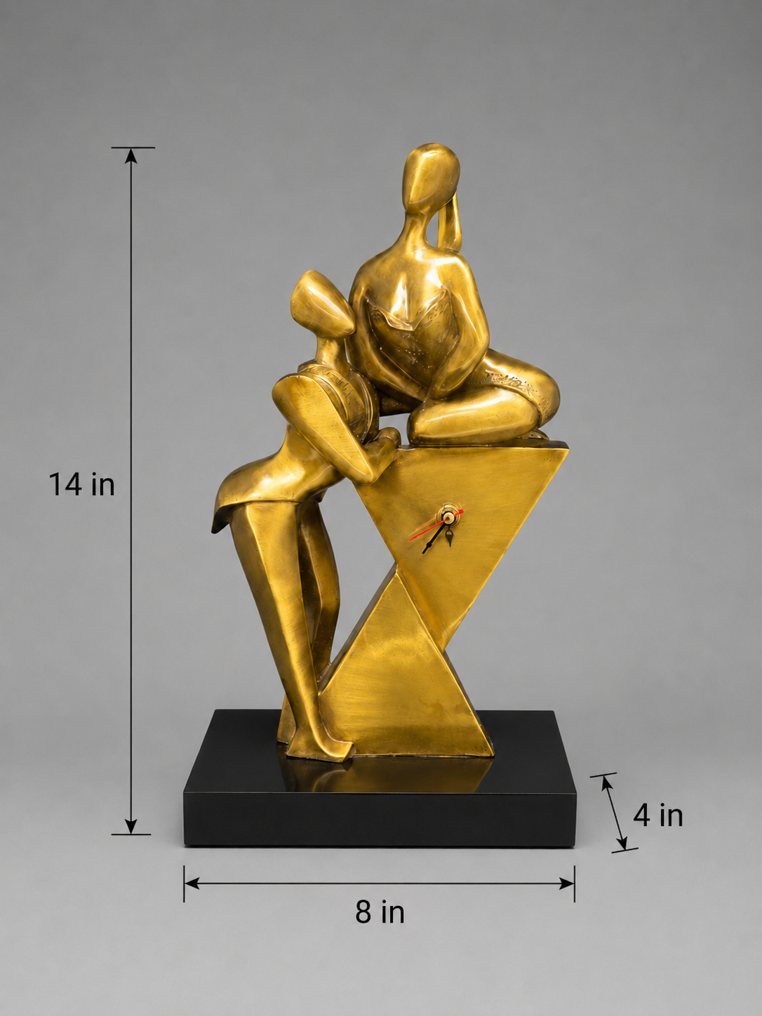 Gold abstract sculpture on a gray background with dimensions indicated. 8 inch base length. 4 inch base width. 14 inch height