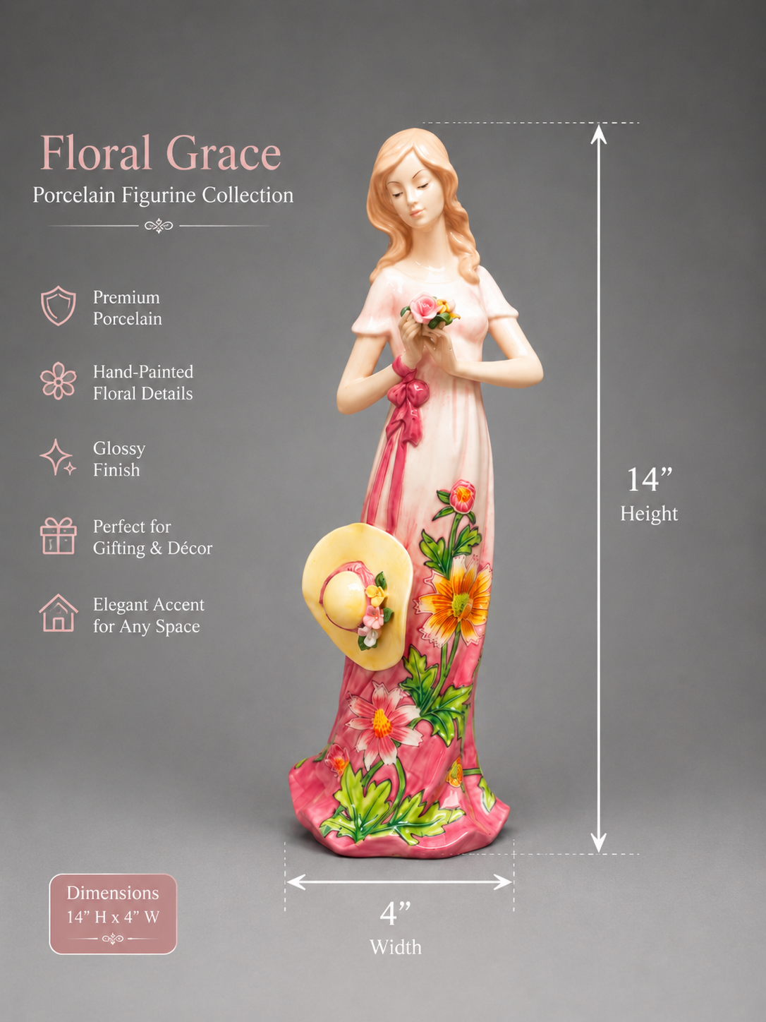 Floral Grace porcelain figurine with dimensions and features on a gray background