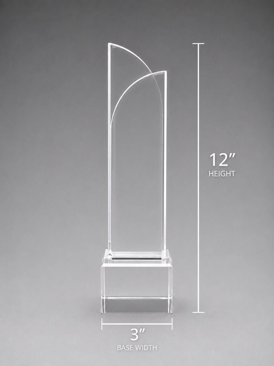 Dimensions of the Crystal Tower Excellence Award. 3 inch base width. 12 inch height.