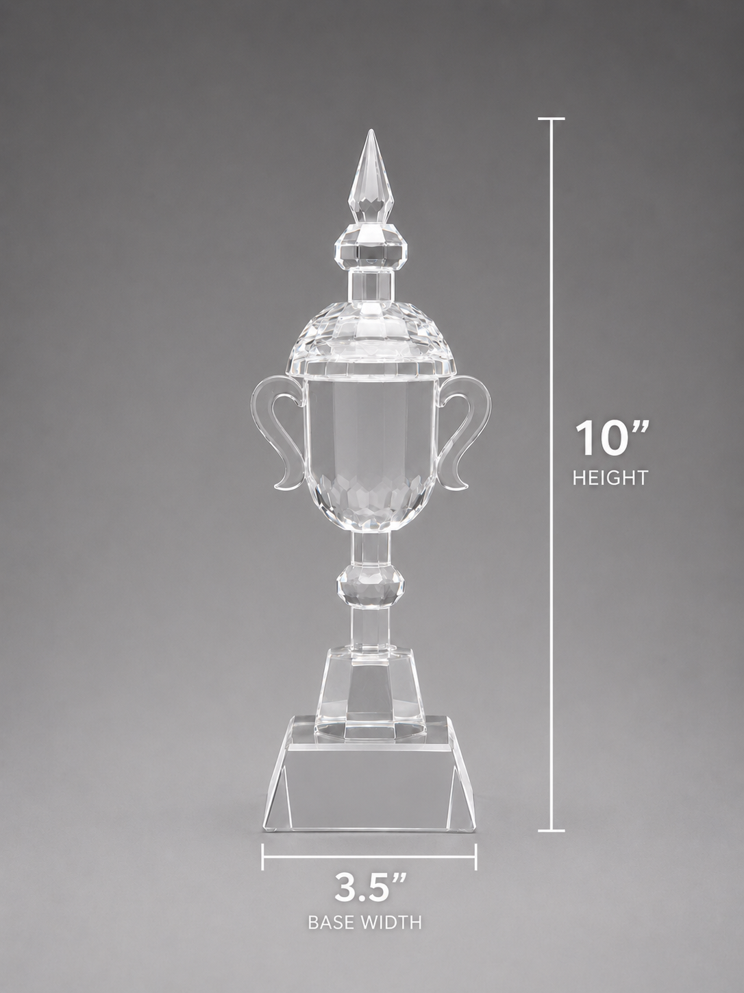 Front view of the Crystal Princess cup with Dimensions. 3.5 inch base width. 10 inch height.