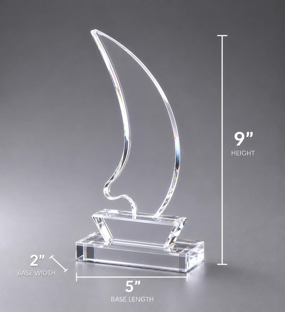 Dimensions of the Crystal Yacht award trophy. 2 inch base width. 5 inch base length. 9 inch height.