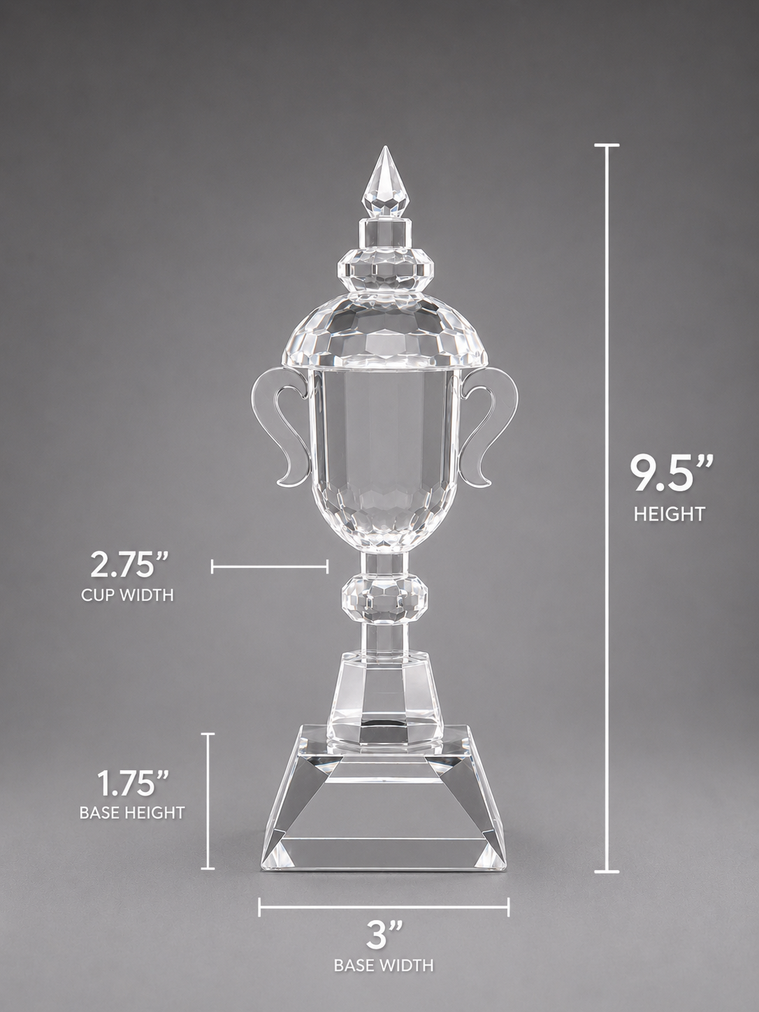 Crystal Queen's Cup Award dimensions. 3 inch base width. 1.75 inch base height. 2.75 inch cup width. 9.5 inch height