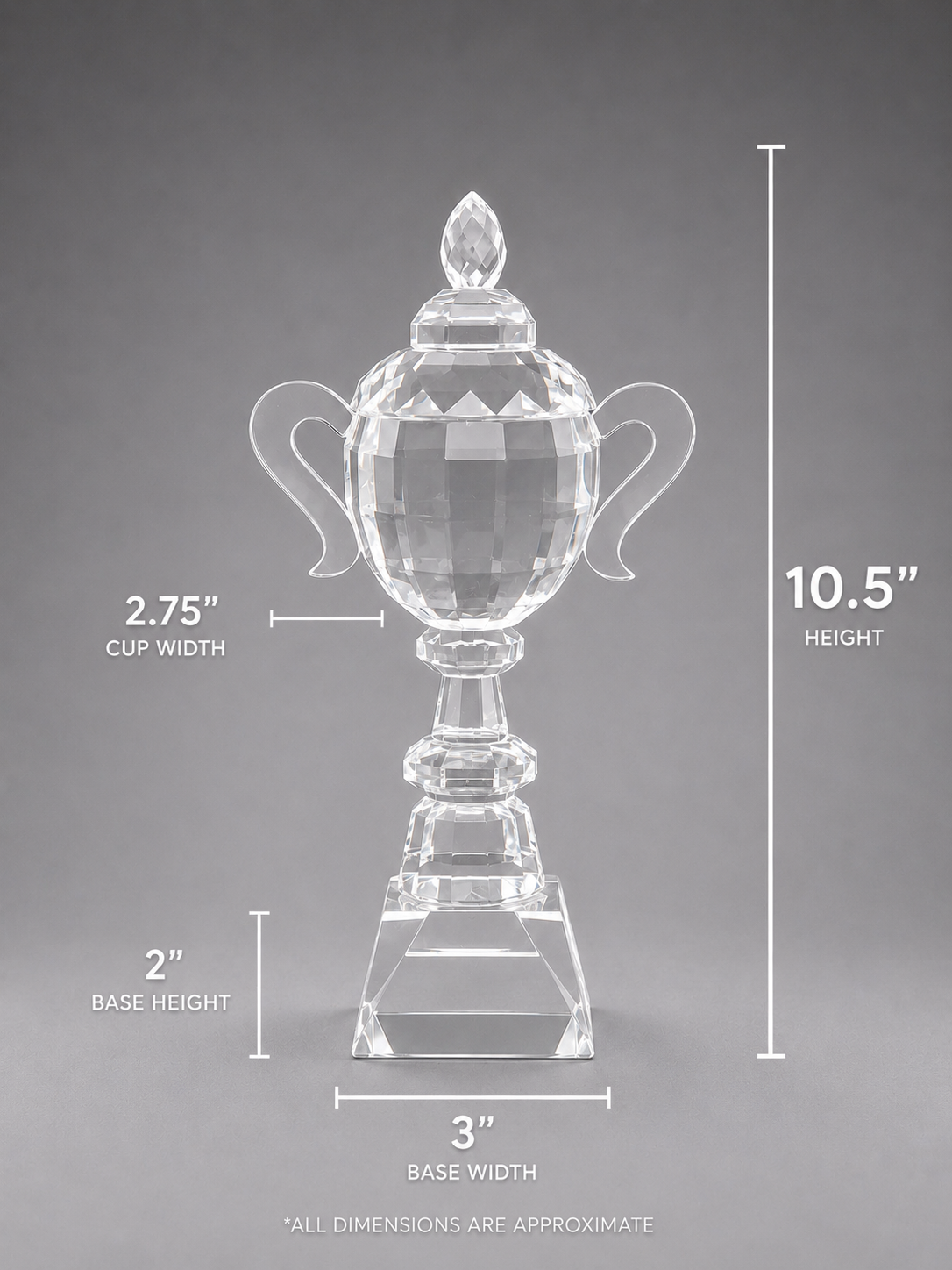 Crystal King's Cup dimension. 3 inch base width. 2 inch base height. 2.75 inch cup width. 10.5 inch height.