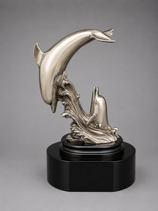 Silver dolphin sculpture on a black base against a gray background