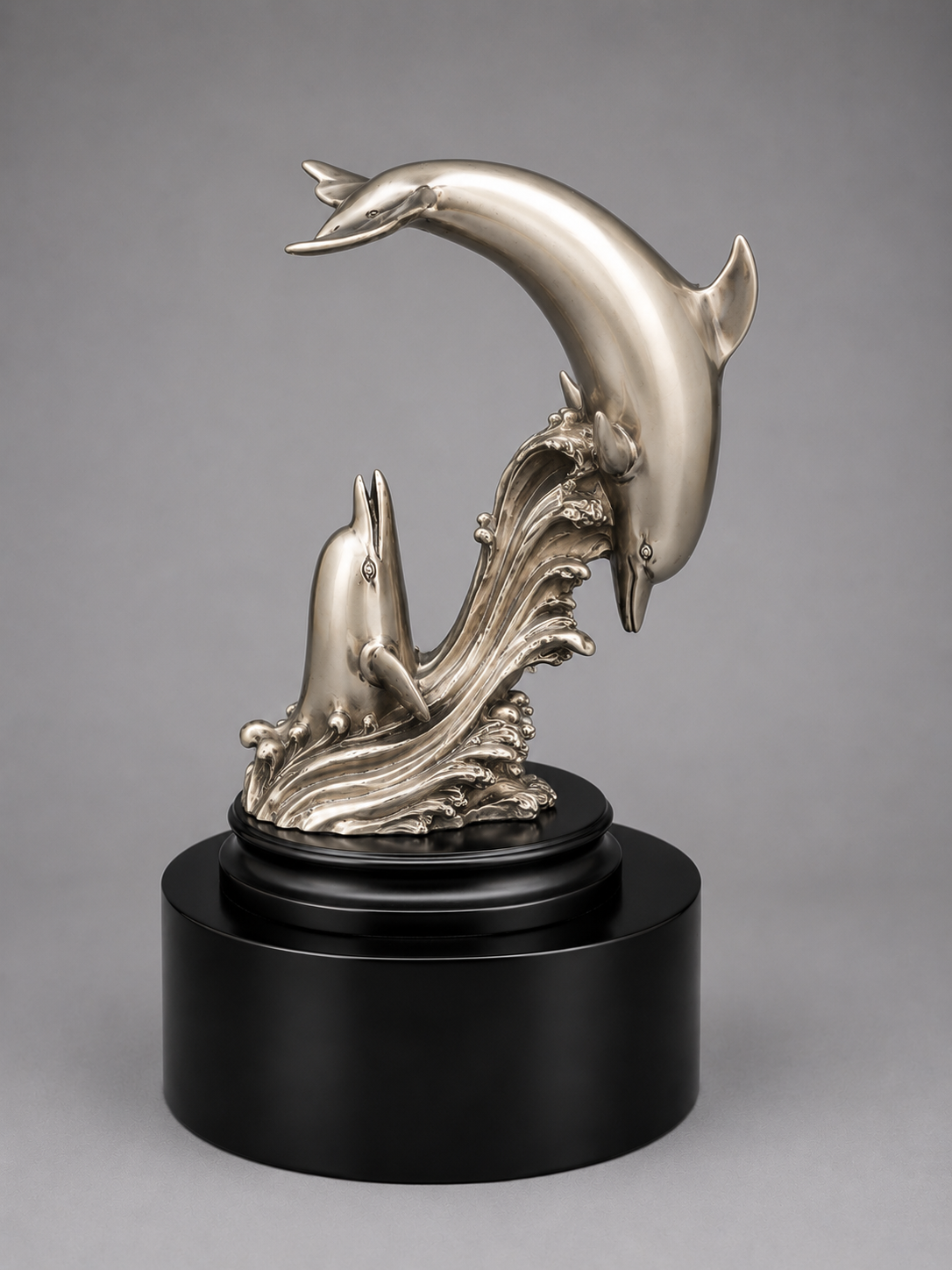 Silver dolphin sculpture on a black base against a gray background