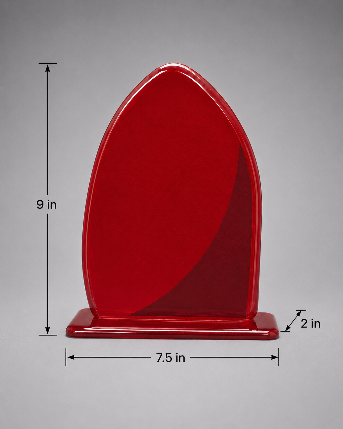 Back side of A modern abstract glass plaque featuring a glossy deep red arch shape with a curved metallic silver front panel and a matching red base, set against a neutral gray background. Measurements: 9 inches height, 7.5 inches length, and 2 inches width