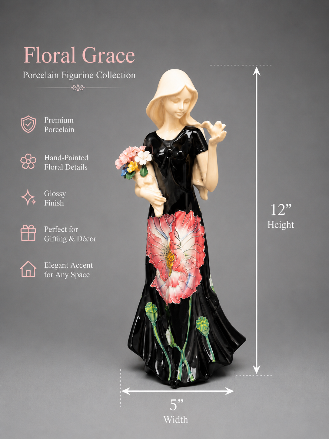 Floral Grace porcelain figurine with dimensions and features on a gray background