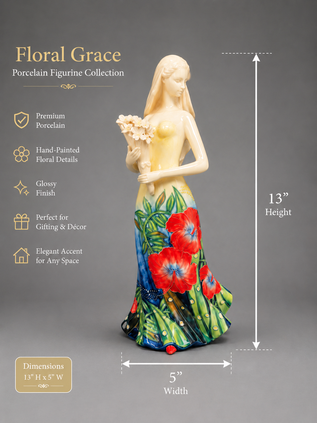 Floral Grace porcelain figurine with dimensions and features on a gray background