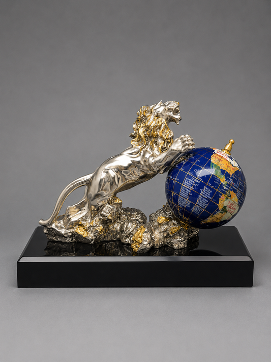 Decorative sculpture of a lion with a globe on a gray background