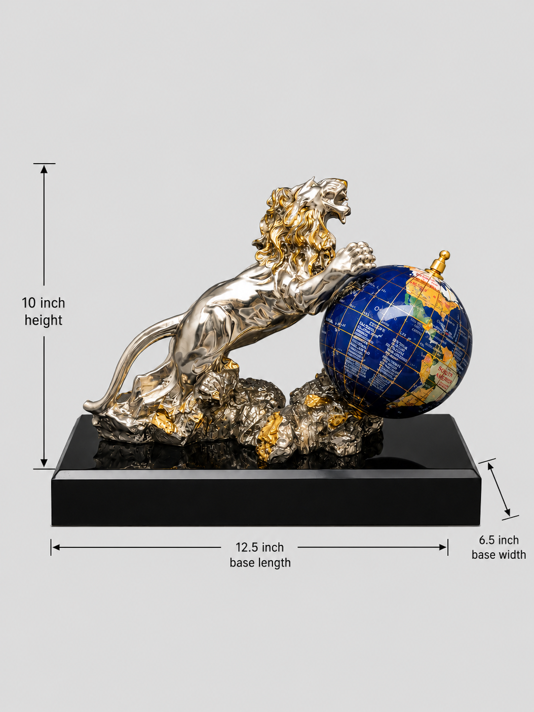 Decorative statue of a lion with a globe on a gray background with measurements. 10 inches height. 12.5 inches base length. 6.5 inches base wdith.