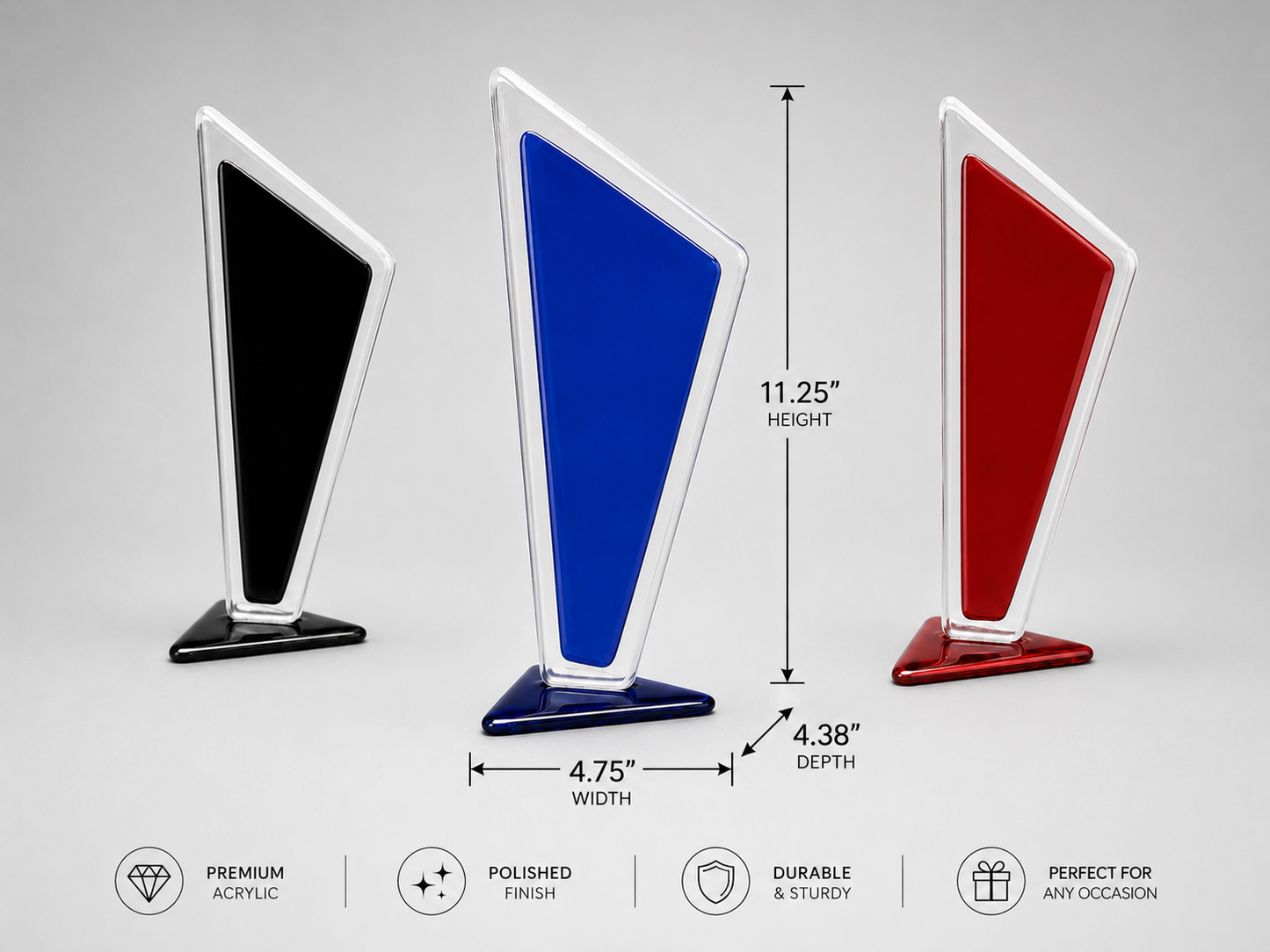 Three triangular awards in black, blue, and red with measurements and product details on a gray background. 4.75 inches width. 4.38 inches depth. 11.25 inches height